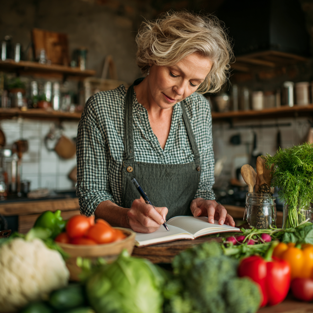 Middle-aged woman planning healthy meals with fresh vegetables and nutrition journal on kitchen counter