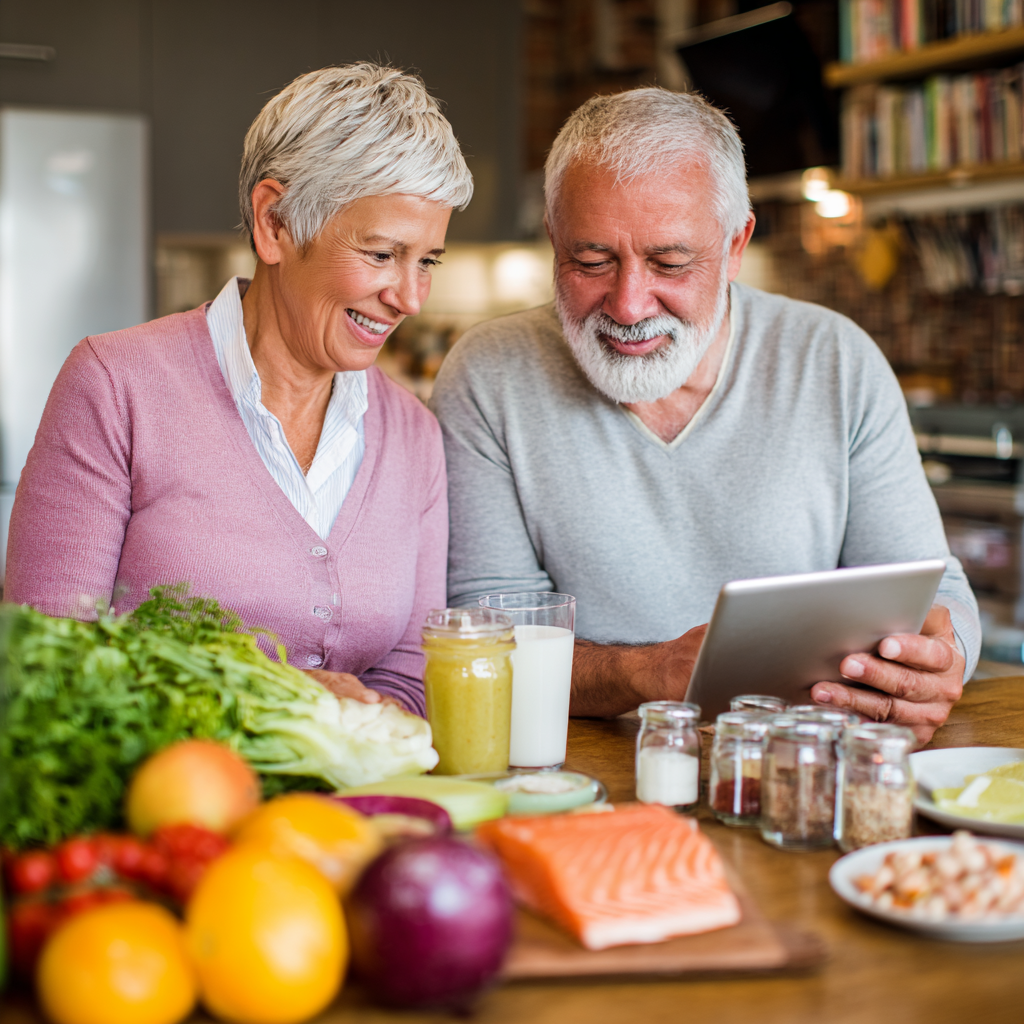 Senior nutritionist consulting with middle-aged client about personalized meal planning using tablet and food samples